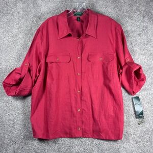Lauren Ralph Lauren Woman Exclusive 2X Linen‎ Button Up Roll Tab Sleeve Shirt